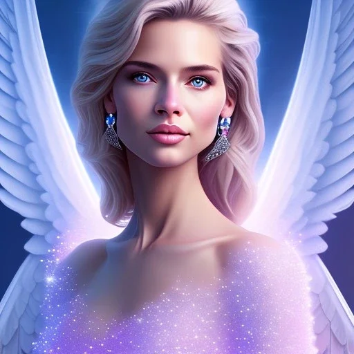 portrait of a beautiful woman with an angel face smiling, pink and blue dress, jewels, soft light aura