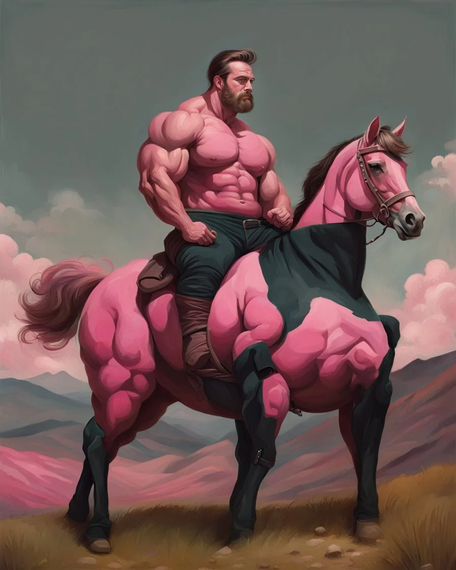 a big muscle man sitting on a pink horse in hills like a 19th painting