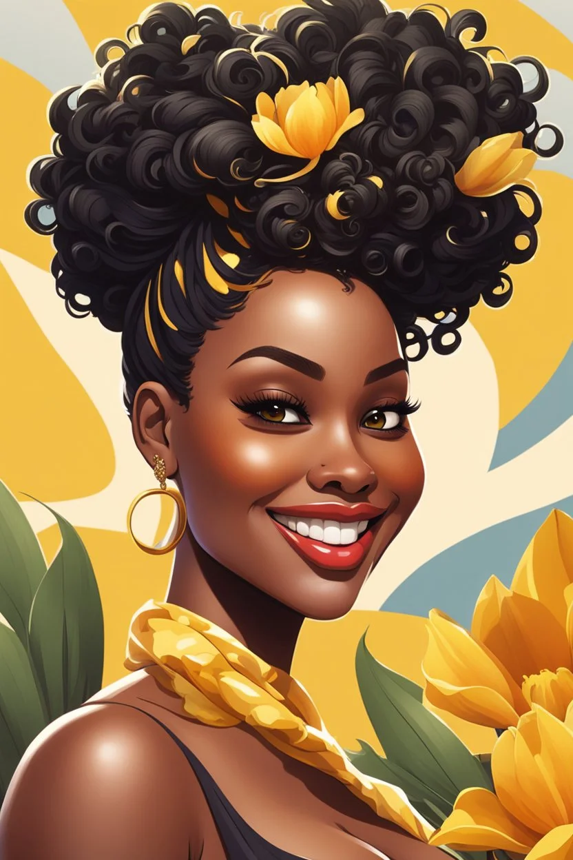 Create a abstract cartoon art style image of a curvy black female looking down with a smile on her face. Prominent makeup with hazel eyes. Highly detailed messy curly bun with a hair scarf on her head with large yellow tulip flowers surrounding her. 2k