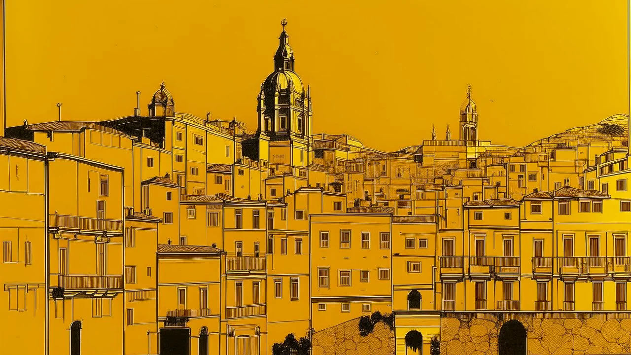 A golden yellow Spanish like town painted by Andy Warhol