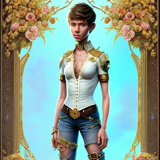 realistic photo 33-year-old delicate graceful damsel pixie tomboy Russian boyish boylike damsel guy short male hairstyle short brown hair shorthair boy's face womans beautiful cleavage in women's lace ripped jeans with a lace mesh with a girlish flowers pattern and a strap with girlish buckle with rhinestones that fit wide hips high heels with a very thin waist and big ass with a lady's fashion handbag in the new year girls party