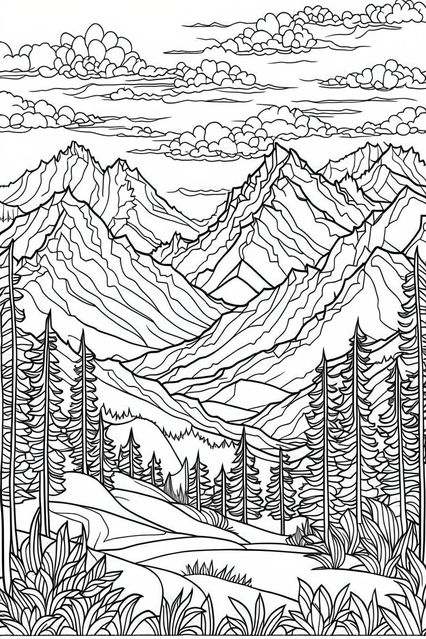 coloring book image of mountains