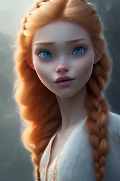 girl, cute, beautiful, orange hair, two braids, bangs, blue eyes, big eyes, pale skin, long eyelashes, pink lipstick, thin lips, small nose, Anna from Frozen, 8k resolution concept art portrait by Greg Rutkowski