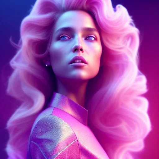 A portrait of a queen, atmospheric, blond long hair, realistic, unreal engine cosmic galactic, cinematic lighting, octane render, transparent,bleu pink light, cristal goutte rose sur le front, flowers, galactic atmosphere