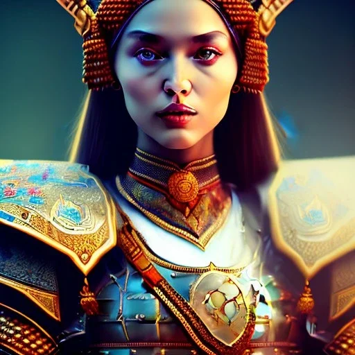 portrait of a warrior with ottoman beautiful girl themed armour, extremely detailed, UHD, 8k,The close-up camera effect,sharp focus, perfect position,hyperphotorealistic, unreal engine 5, octane render