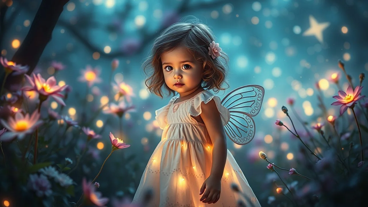 Une douce petite enfant erre dans son monde enchanté, Parmi les merveilles, elle adore explorer. Nuit enchantée, fleurs magiques, arcs-en-ciel de lumière, lucioles dansantes, fées lumineuses. Ses rêves sont vastes, pleins de beauté, Chaque instant est un nouveau bonheur. Dans son univers, tout est merveilleux, Un monde imaginaire, tendre et lumineux. Bel éclairage, composition attrayante, photoréaliste, extrêmement détaillée, clair-obscur, règle des tiers. Photograph.