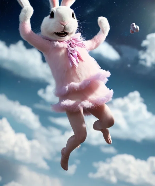 Ultra realistic speed clouds sky scene, wide angle view, childs falling down with many Childs background, rabbit head, circus dress style, feather color, free jumping flying, many trinkets, hair monster, many jelly beans, balls, color smoke, smile, happy, extreme, wind, clouds sea, 20,000 feet altitude, stratosphere, soft color, highly detailed, unreal engine 5, ray tracing, RTX, lumen lighting, ultra detail, volumetric lighting, 3d, finely drawn, high definition, high resolution.