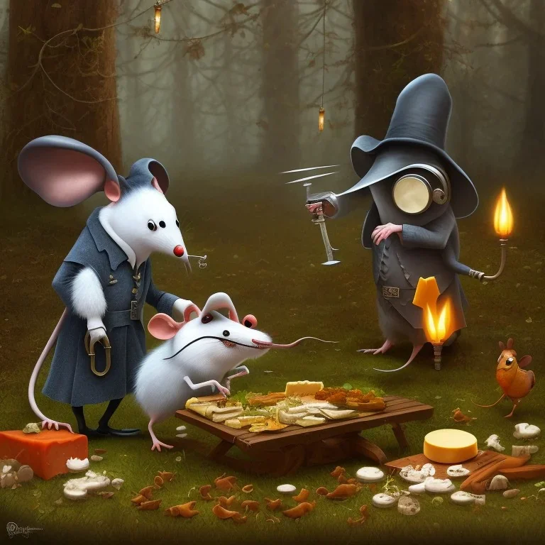 A Plague Doctor (AND) a Mouse having a port & cheese party in a forest by the river while mushrooms grow beside them by Pixar and Dreamworks