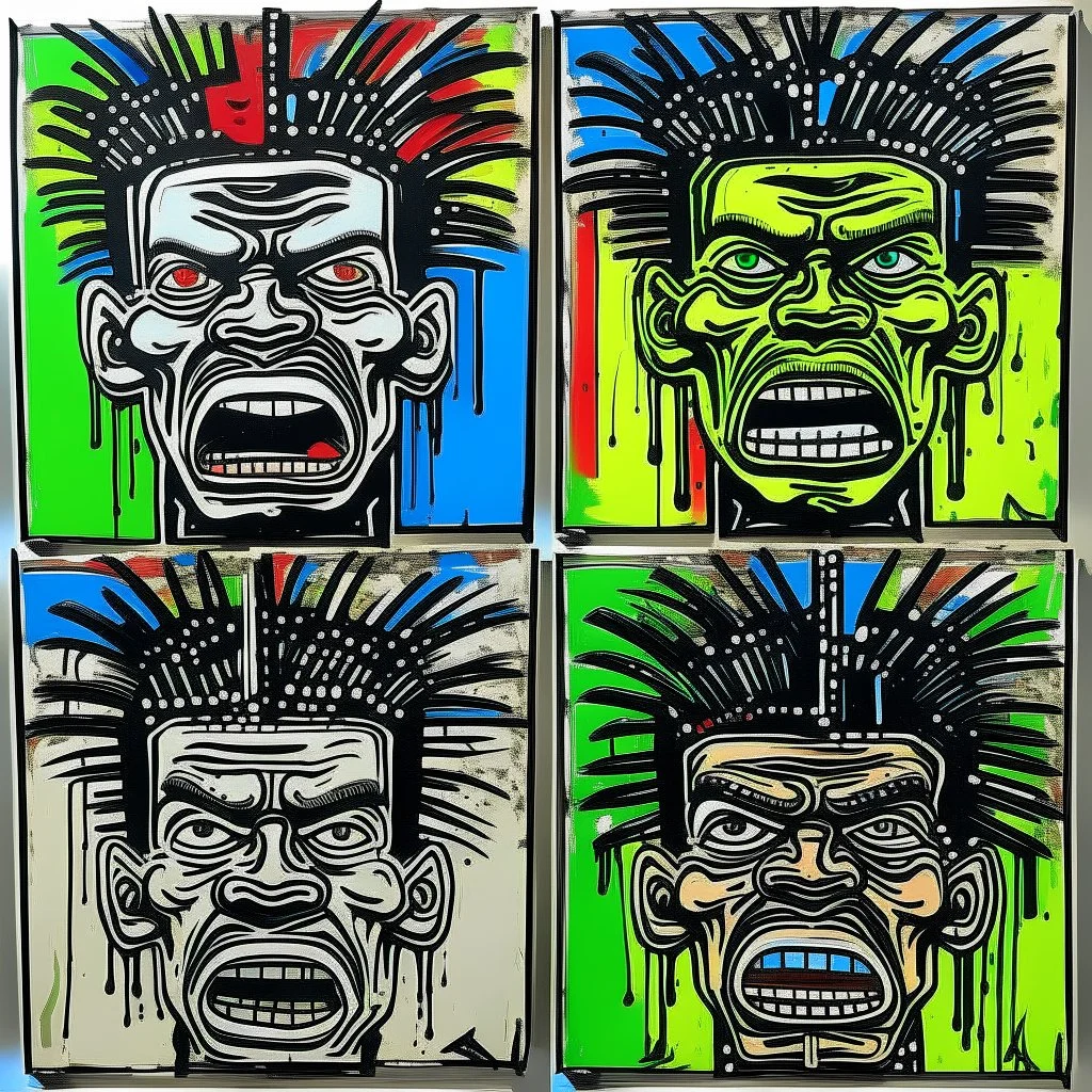 4 angry grotesque faces, by Jean-Michel Basquiat and Andy Warhol, acrylic painting