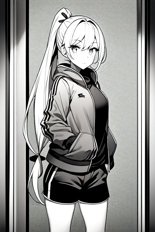 blonde girl with ponytails dressed in a jacket and shorts walks proudly in a corridor, greyscale