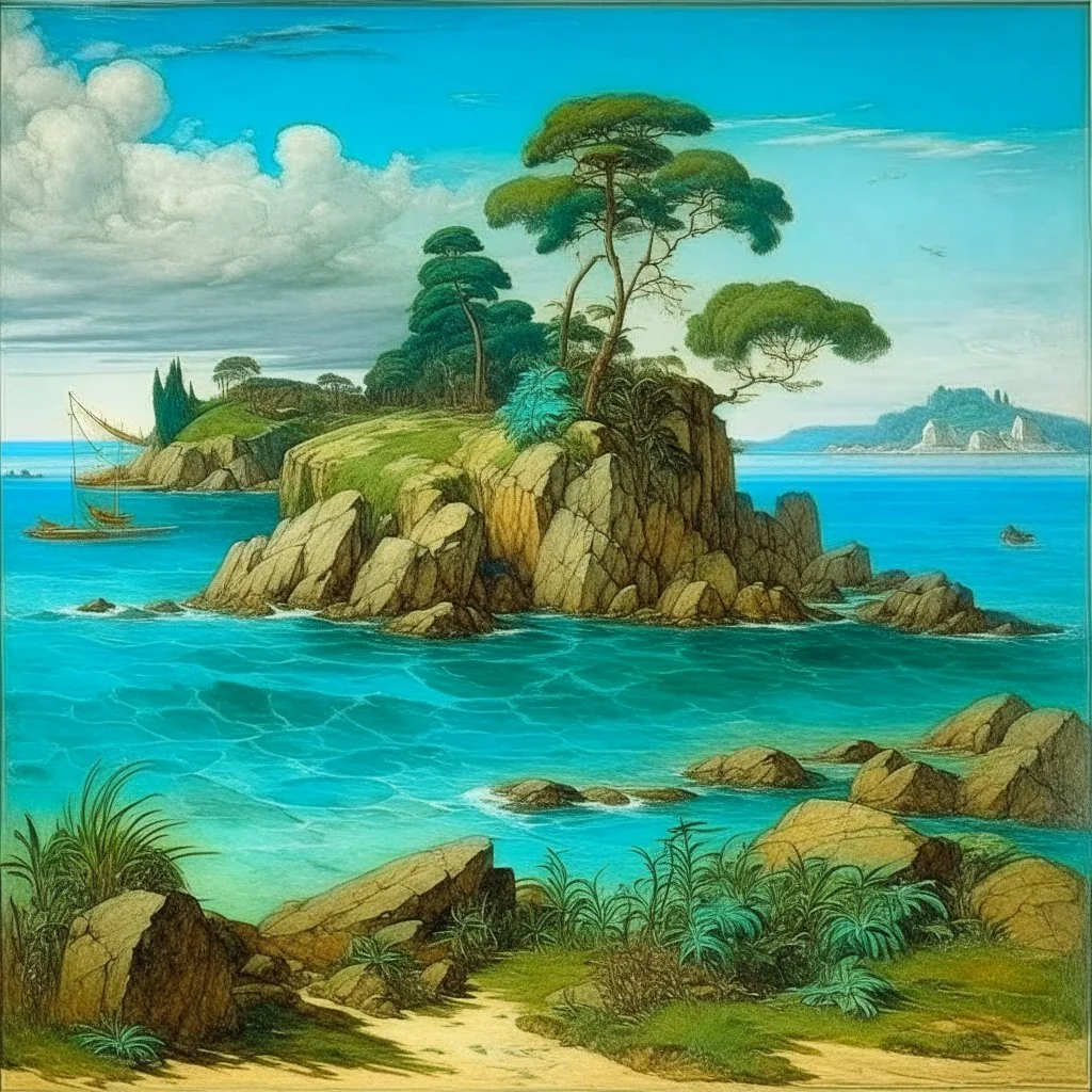 A turquoise island near a seaside painted by Albrecht Durer