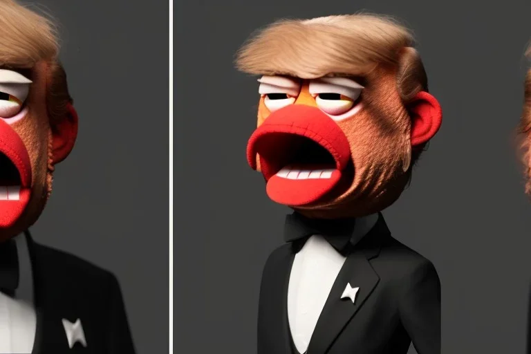 Angry muppet trump, Nose, in suit, eyebrows, spray tan mad