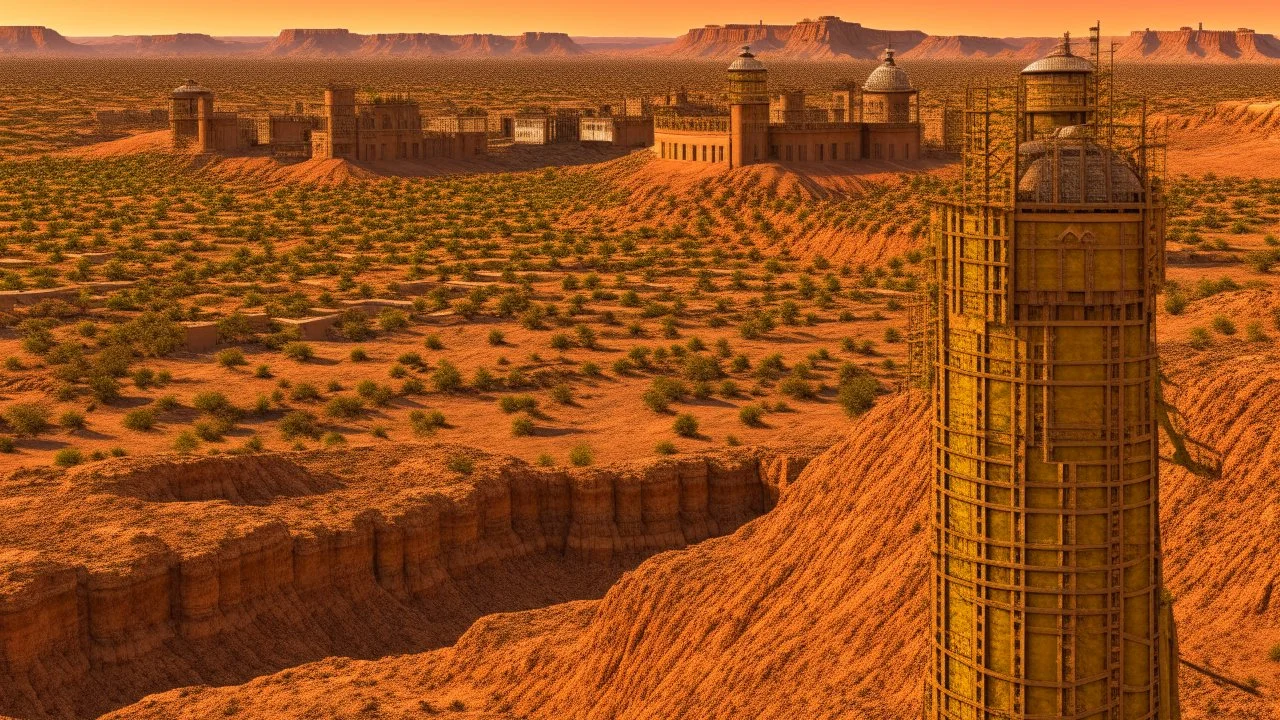 Desert warrior from behind looking at a city in the distance,