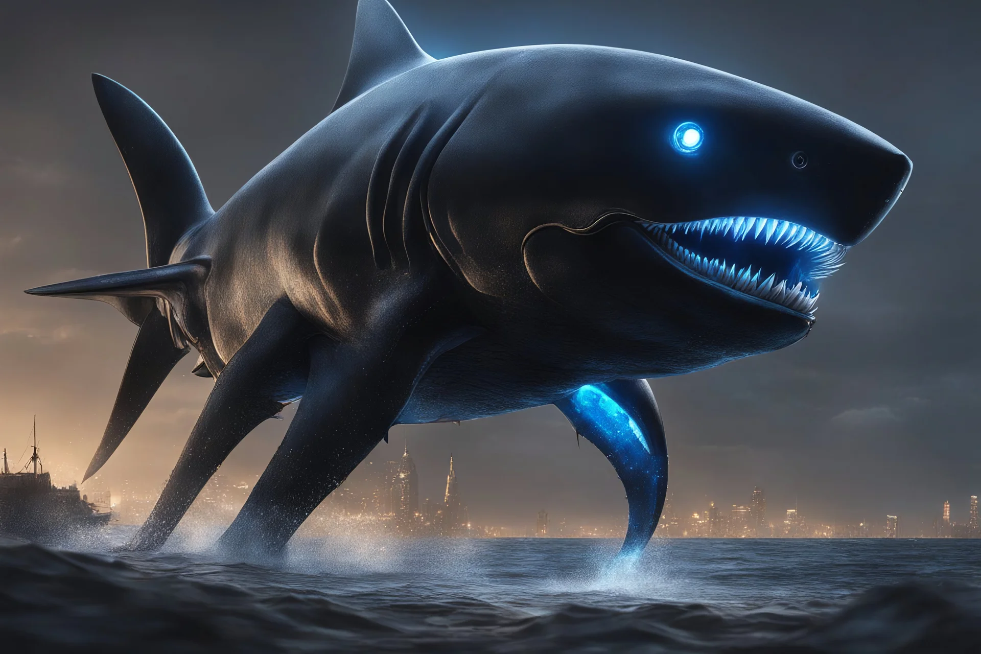 Black shark in 8k nier automata drawing, symbiote effects, blue lights, sea, intricate details, highly detailed, high details, detailed portrait, masterpiece,ultra detailed, ultra quality