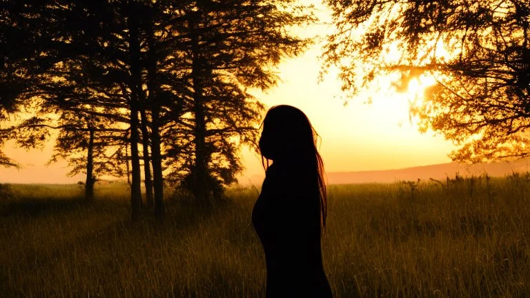 Silhouette of the head of a young lady with long flowing hair in a slight breeze. At sunset in Czech nature.