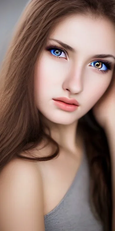 Ultra-HD, 8k, Studio portrait photo of a pretty woman age of 21, beautiful pretty face, Ukrainian race, color grey-eyes, brown hair, very detailed face, studio lighting, fantasy, brown ratio, sharp focus color, corrected hyper detailed amber deep