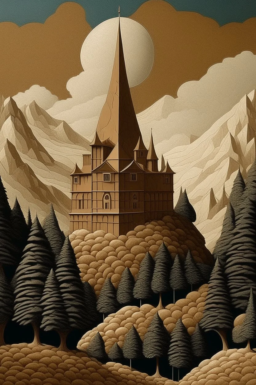 A brown palace on a mountain designed in Chinese paper art painted by Rene Magritte