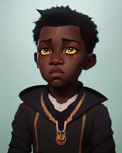 Portrait of a gorgeous black skinned toddler warlock boy with dark hair by Jim Kay