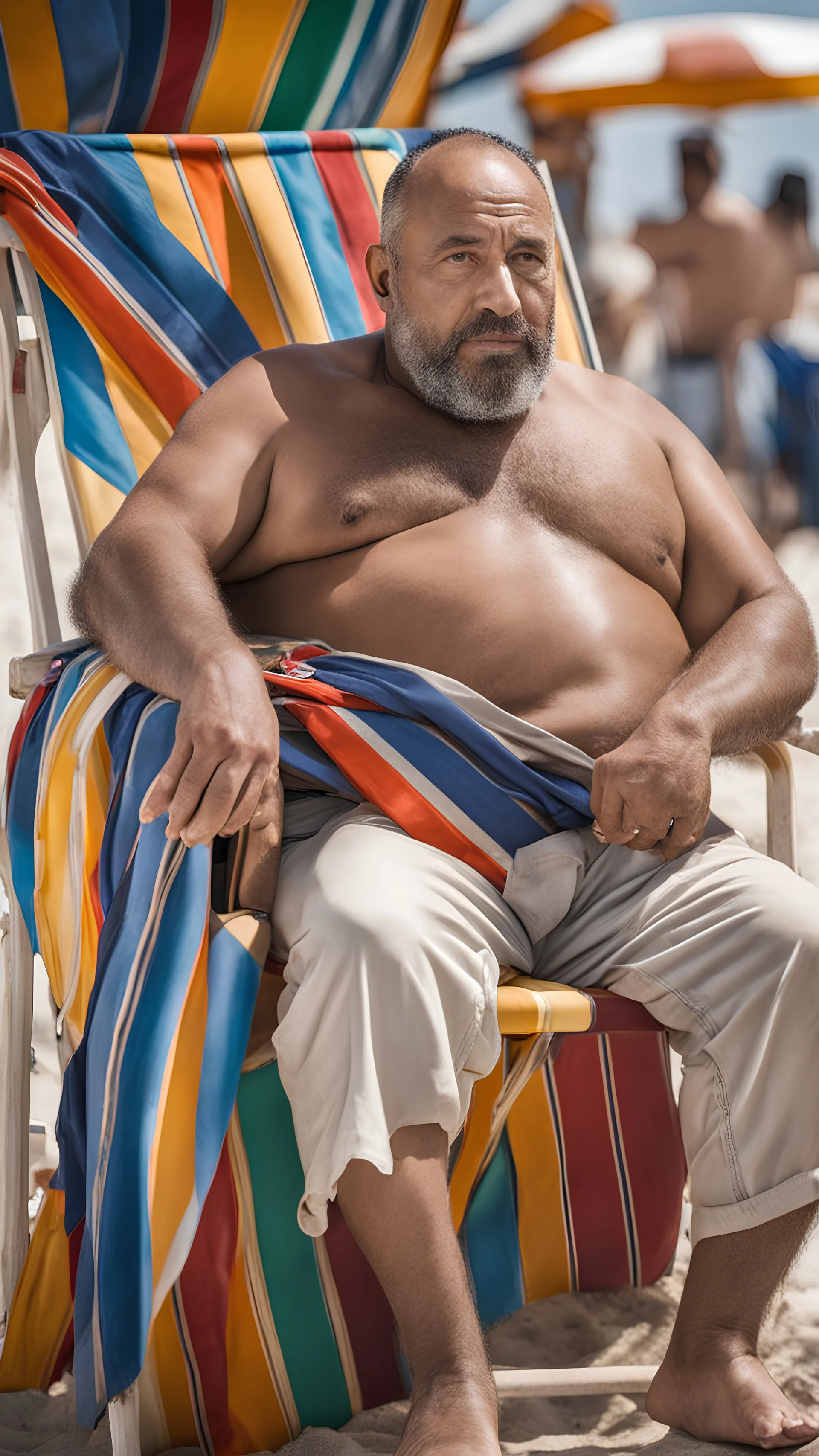 full figure shot photography of a very serious ugly burly muscular strong chubby marocan 52 years old, short beard, shirtless, manly chest, sells colored pareos on a crowded beach, sitting on a beach chair, sunligh, photorealistic, 35mm lens, side light, ambient occlusion