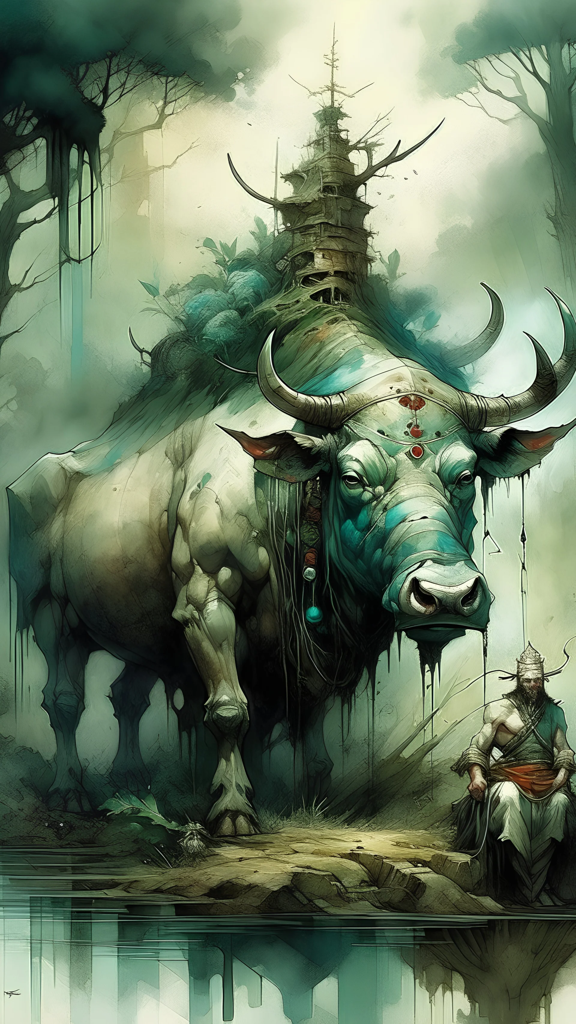 A bull or a horse with a wooden totem with spikes on it, in the middle of the forest. Opposite is a tree with a green-skinned man on it., by Ryohei Hase, Agnes Cecile, Raymond Swanland, Anne Bachelier