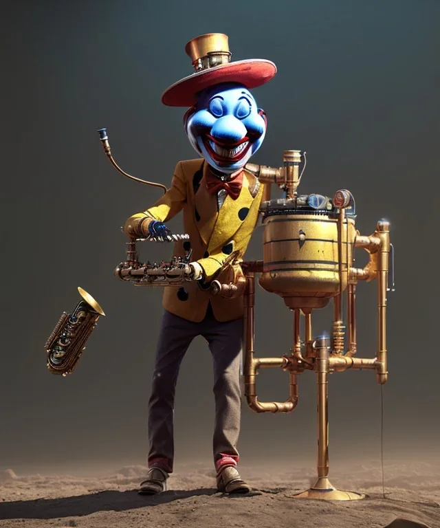 happy mechanoid clown playing jazz with a steampunk theme, realistic