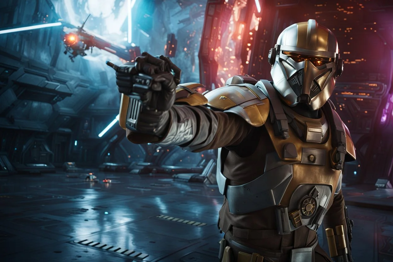 star wars bald male corellian pilot wearing pearlescent black and gunmetal grey First Order special forces heavy assault armor and helmet with gold trim inside the jedi temple, centered portrait, hyperdetailed, dynamic lighting, hyperdetailed background, 8k resolution, volumetric lighting, light skin, fully symmetric details