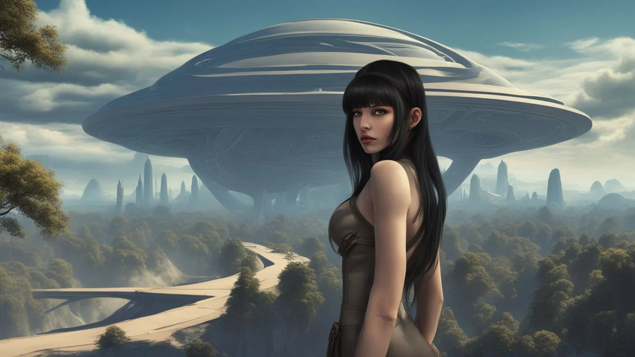 exotic slim sci-fi girl, with long dark hair with bangs, on an alien planet with tall cloud trees, tall spires, buildings, bridges, arches, photorealistic