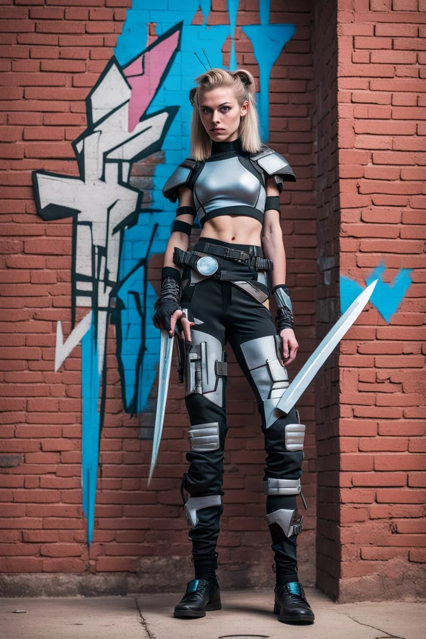 teen woman in retro-futurist cyberpunk costuming with pants and sheathed swords leaning to the side with shoulder against a brick pillar and legs crossed, background is brick with graffiti of a large arrow pointing to the right and text of the word "PUB" on lower left