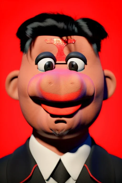 Waist up muppet Portrait, Kim Jong-un muppet doll, black suit, photo studio, red background, unreal engine 5, concept art, art station, god lights, ray tracing, RTX, lumen lighting, ultra detail, volumetric lighting, 3d.