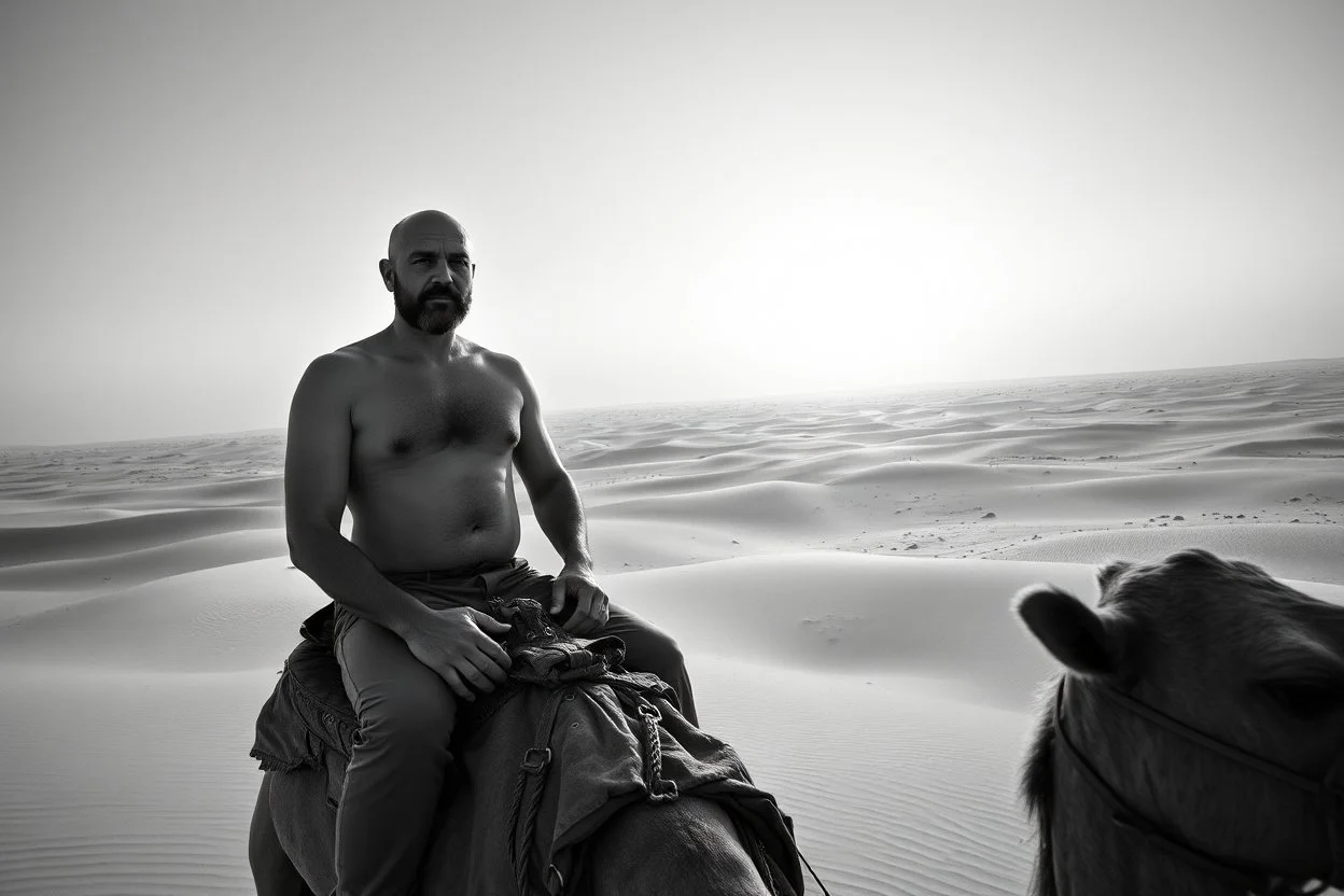 man looking like Walter White in breaking bad, bald, with bare chest riding on a camel in sahara in desert, panorama, black and white photo, staring at horizon