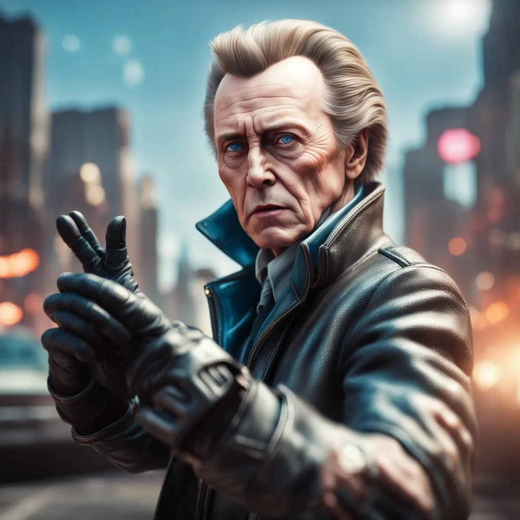 airbrush with pen outline, close up portrait of cool space pimp Christopher Walken gremlin in high speed action scene, wearing driver gloves, in the style of a fallout 4,bokeh like f/0.8, tilt-shift lens 8k, high detail, smooth render, down-light, unreal engine, prize winning