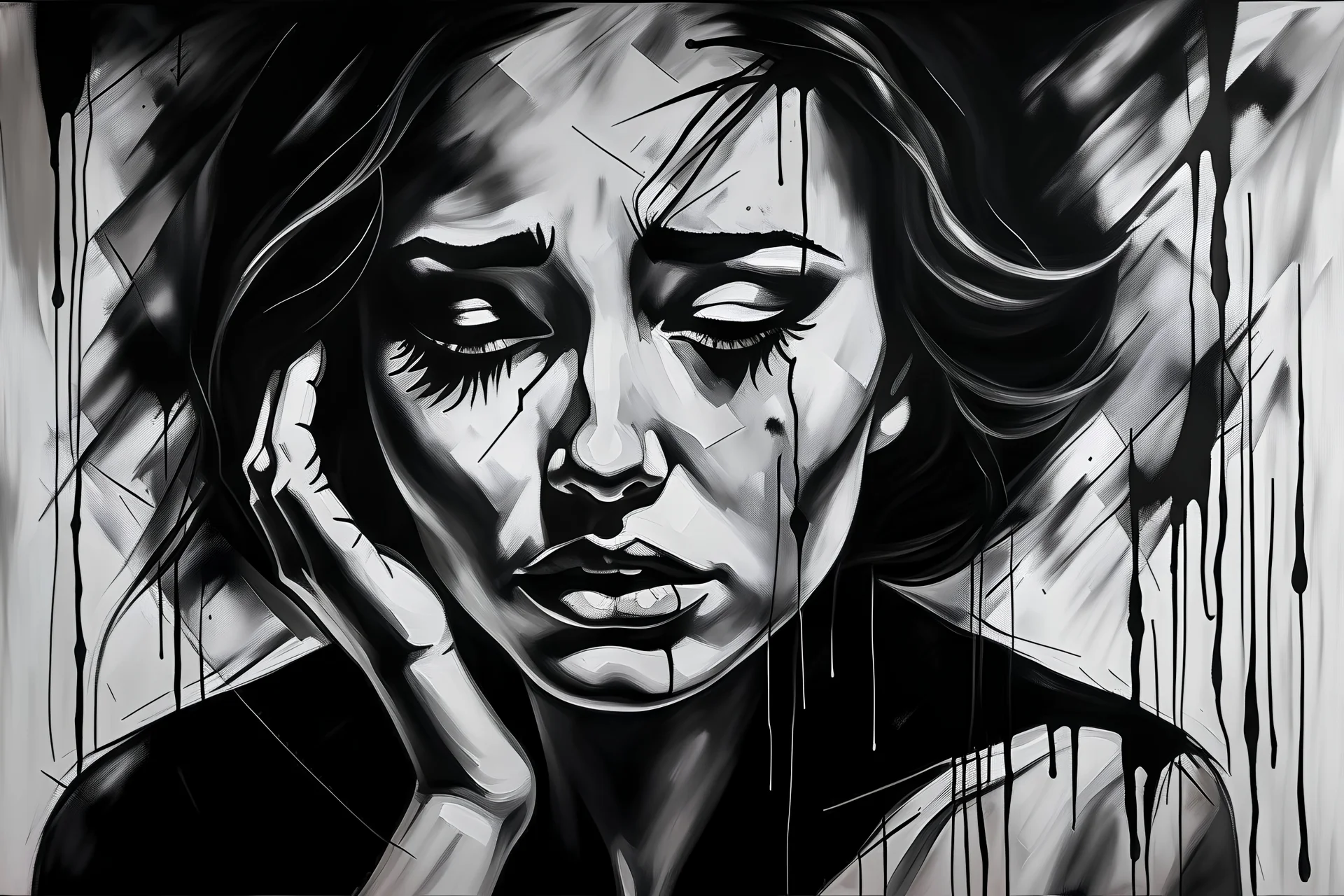 a black and white painting, abstract, sad , broken woman