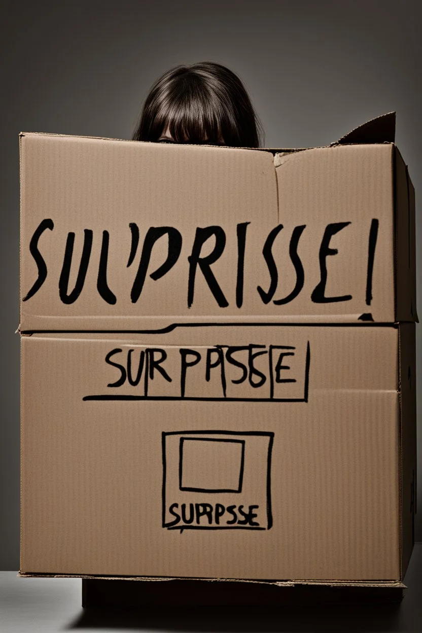 Cardboard box in a dark room with "surprise" on the front surface and the top flaps slightly lifted and a clawed hand just visible