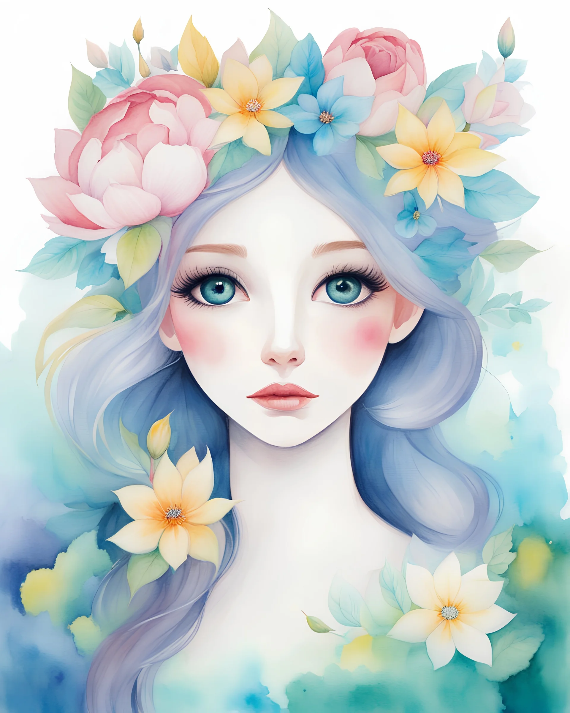 a watercolor painting of a girl with flowers in her hair, colorful watercolor painting, rossdraws pastel vibrant, vibrant watercolor painting, by Jeremiah Ketner, colorful watercolor, flowers on hair, flowers in hair, flower in hair, lotus floral crown girl, girl in flowers, vivid flower crown, watercolor detailed art, girl with a flower head, intense watercolor, colorful illustration, watercolor illustration