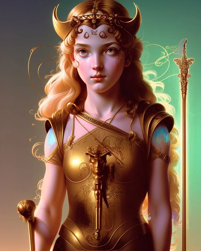 Portrait of young God Athena holding a Magic Staff by Alex Ross, Disney, CGSociety, Carne Griffiths, Leonardo DaVinci, James Christensen character design, digital illustration, detailed sky background, Norman Rockwell, 8k resolution, Lou Xaz, cinema 4d