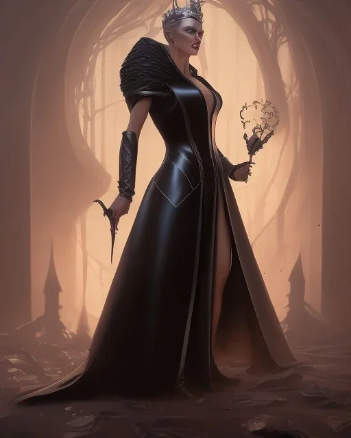 old evil queen in black leather gown, femme fatale, volouptous, busty, cleavage, angry, emperious, 8k resolution concept art portrait by Greg Rutkowski,