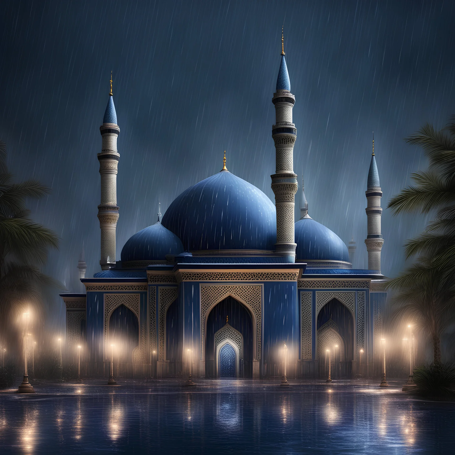 Hyper realistic beautiful navy-blue coloured mosque in a dark rainy night with water fountains