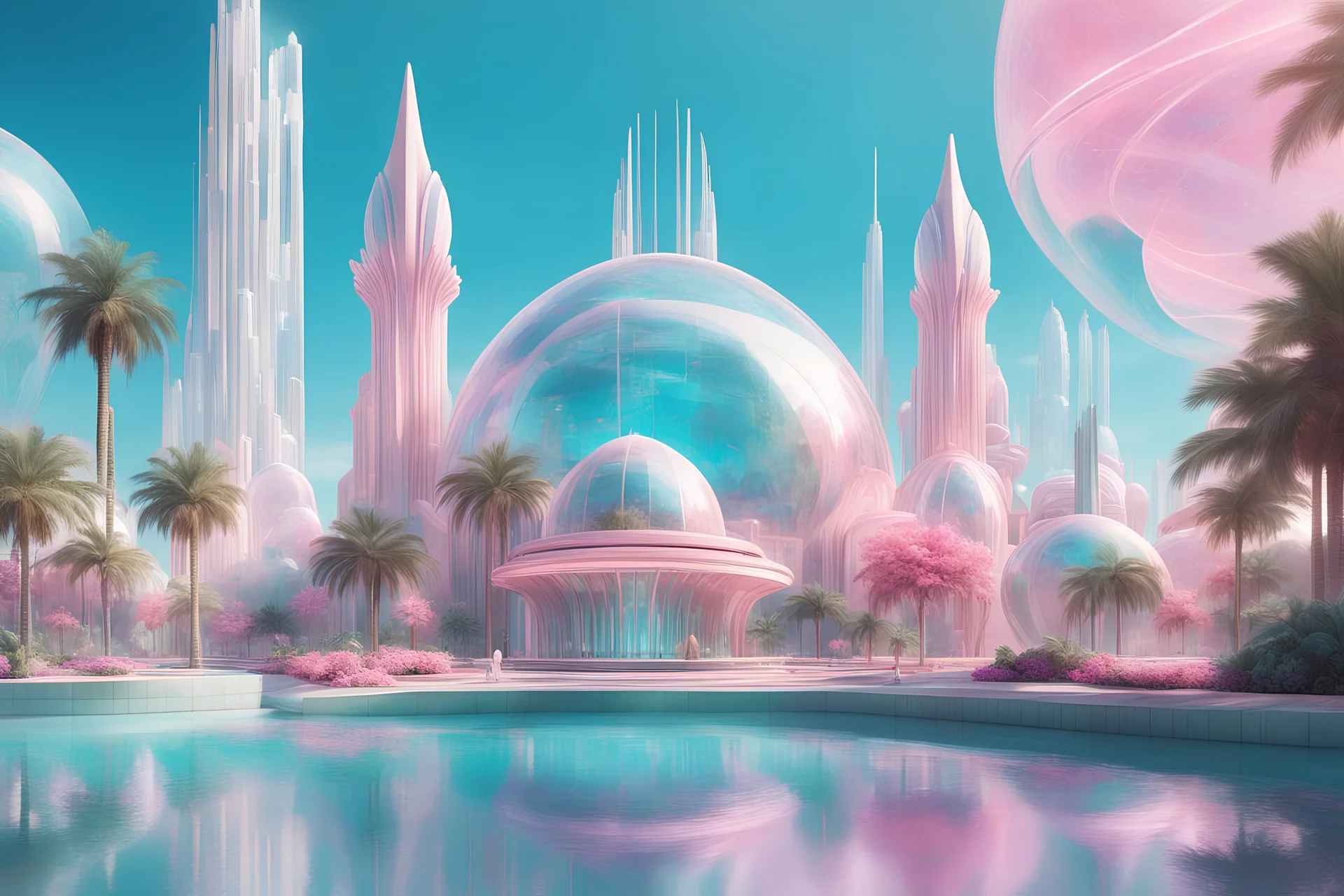 a futuristic and cosmic city. , The building are light and pastel colored made with cristal, sweet shapes, domes. The building are small There are green palm trees and fountains, and pink flowers in the foreground and a turquoise lake