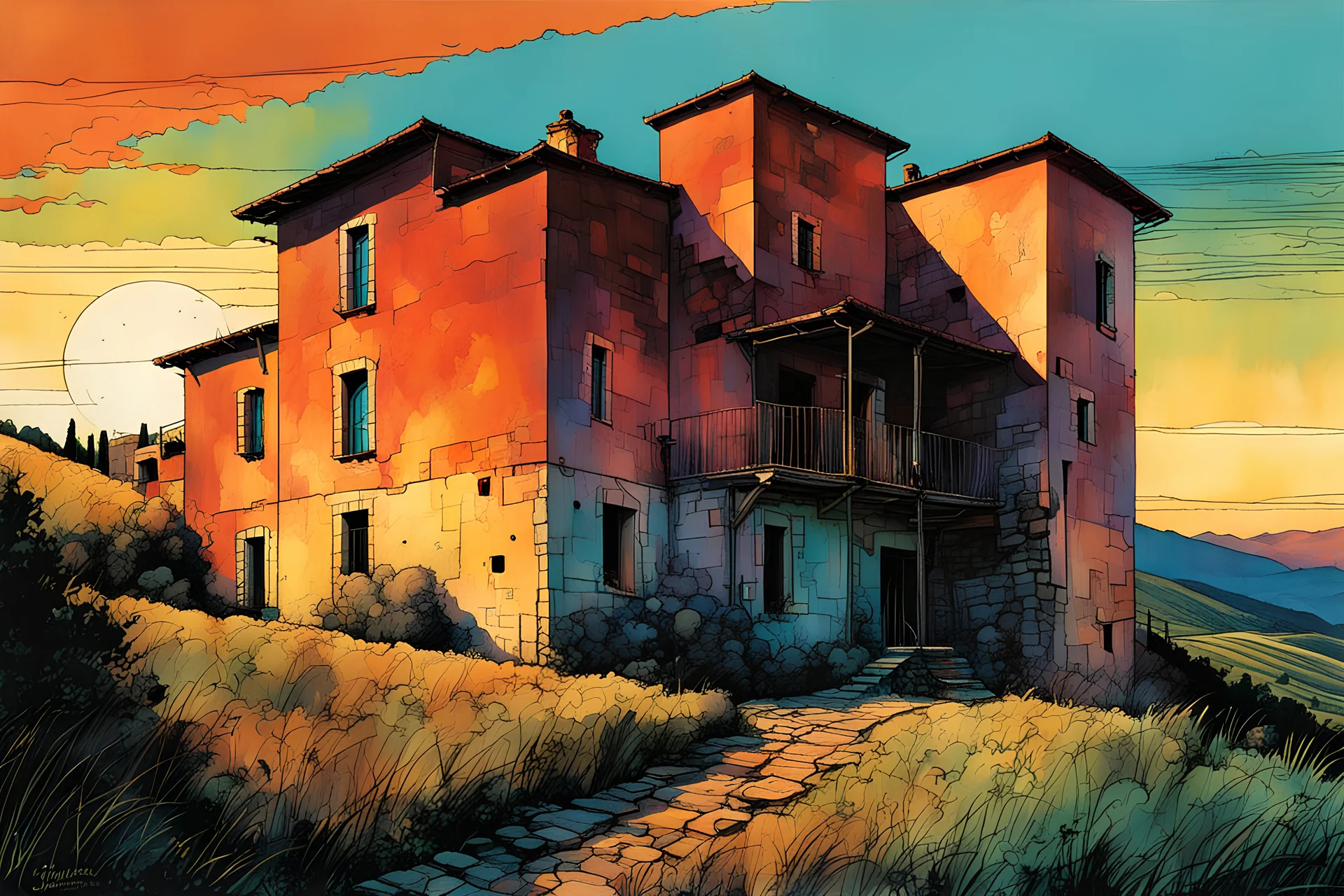 create a wildly abstract illustration of a highly detailed fortified Italian farmhouse in the hills of Tuscany at sunset, in the comic book art style of Bill Sienkiewicz, and Jean Giraud Moebius, finely textured, drawn, colored, and inked