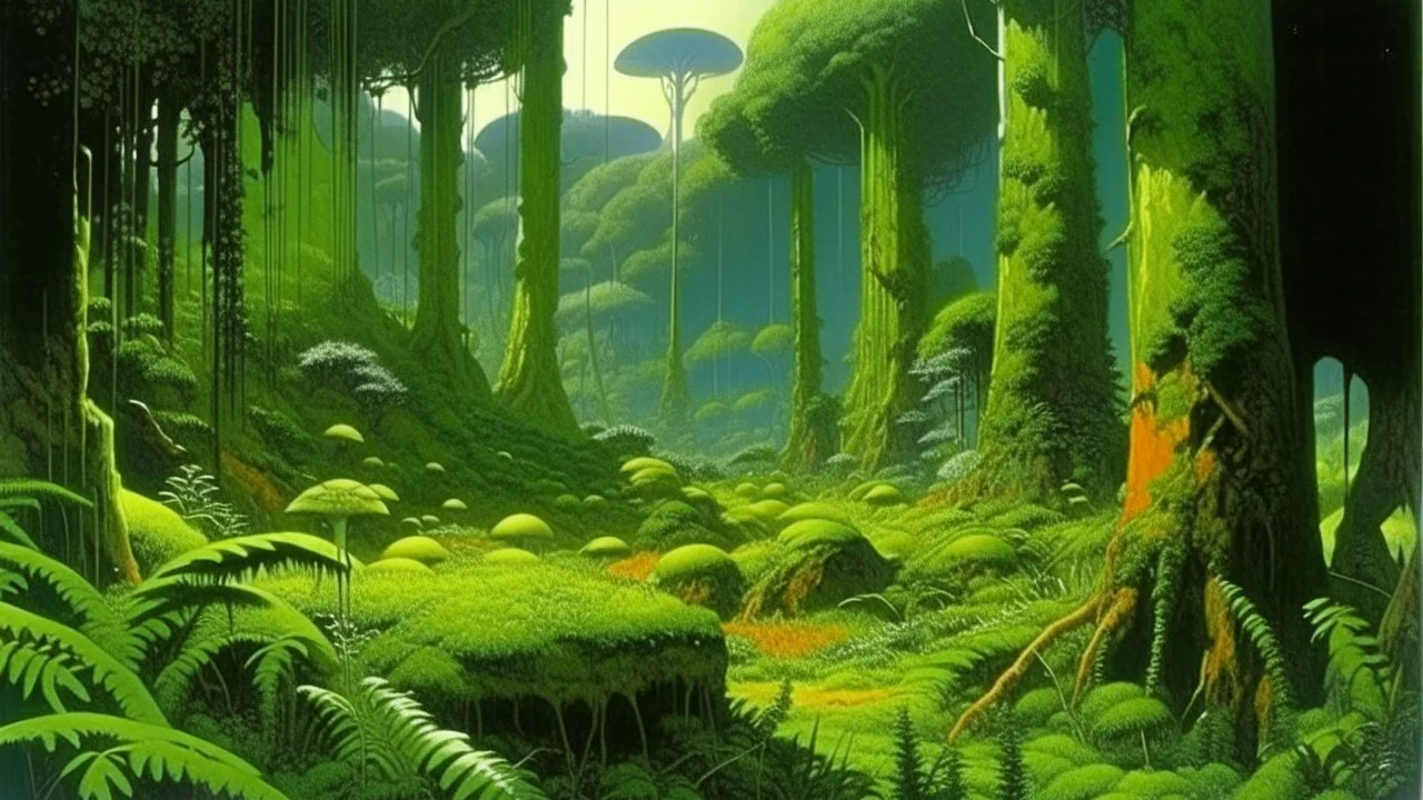 prehistoric green forest full of Lepidodendron Carboniferous Plants and fossils, by Chesley Bonestell, paleontology, paleo art, movie poster, happy colors,