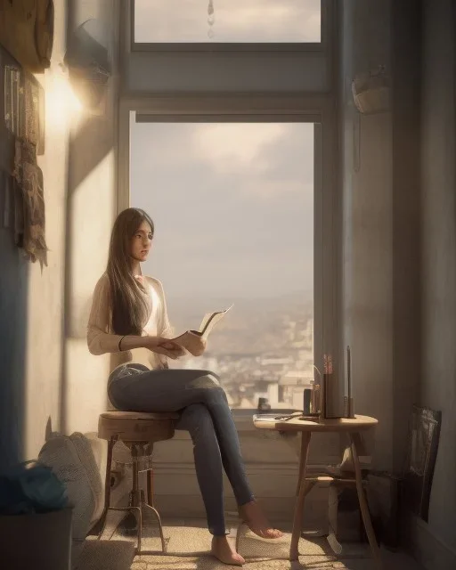 Beautiful, thin young woman, Arab home clothes, wavy hair, sitting on an office chair, reading a novel, next to a window, outside the window is sunset , 8k, finely detailed, photo realistic, cinematic