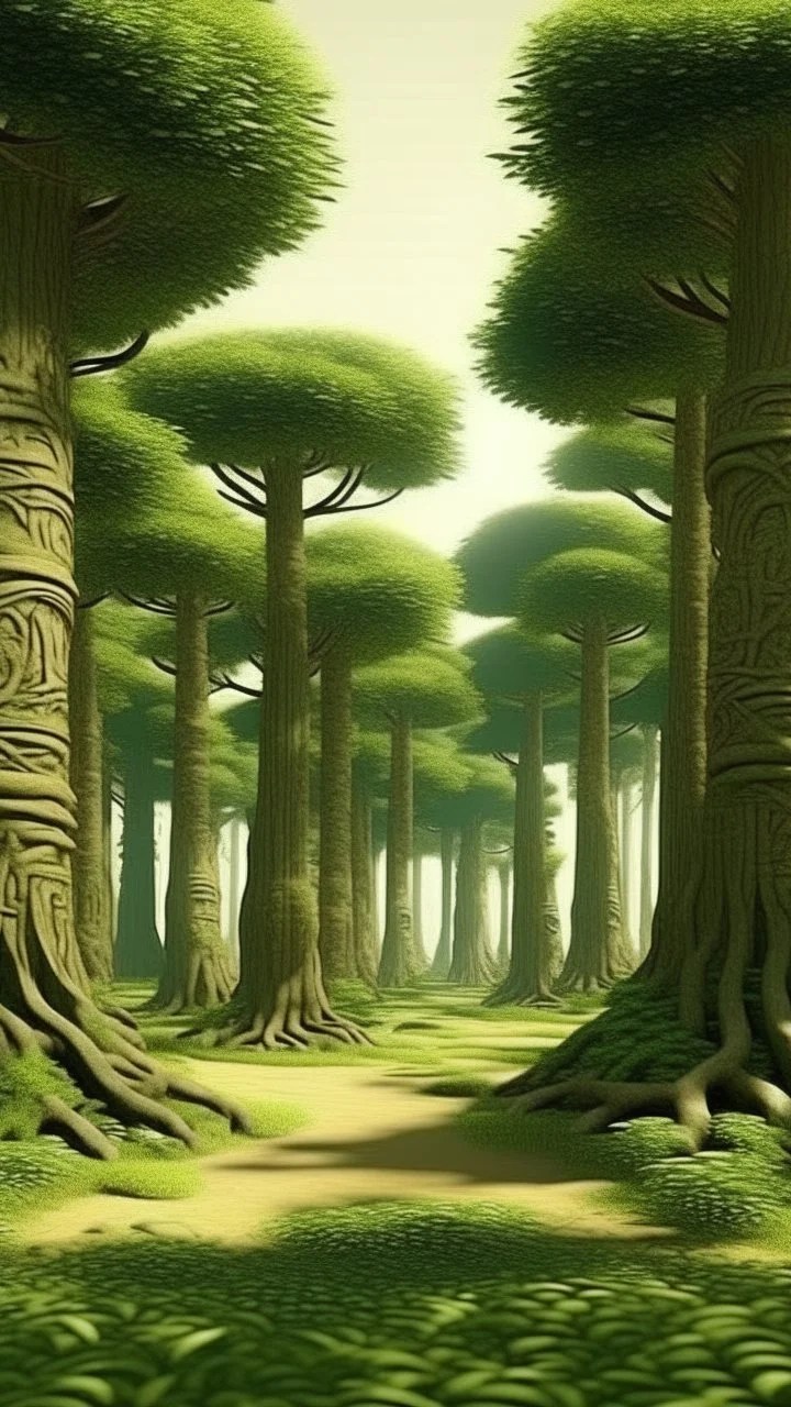 A green forest with giant trees designed in ancient Egyptian pottery