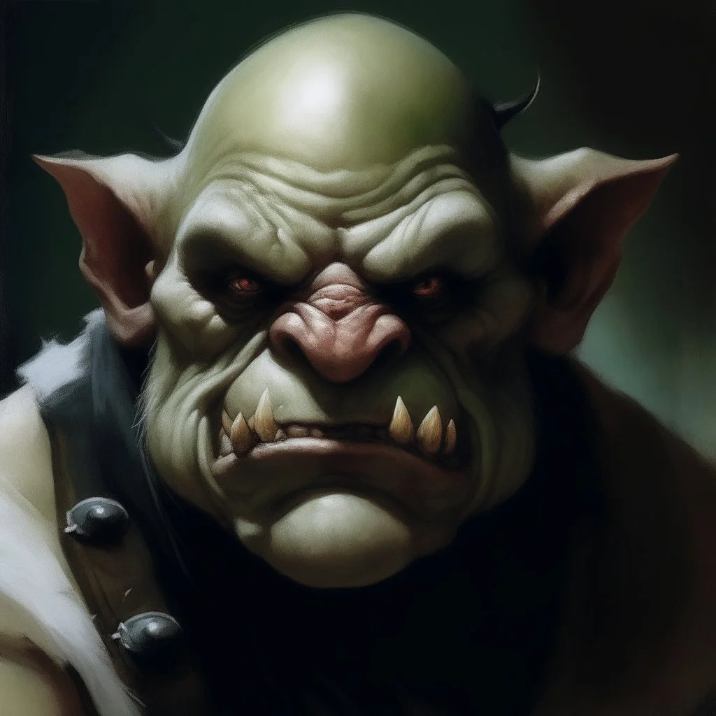 dnd style dark fantasy medieval ogre broken head in half, white skin. mugshot. oil painting.