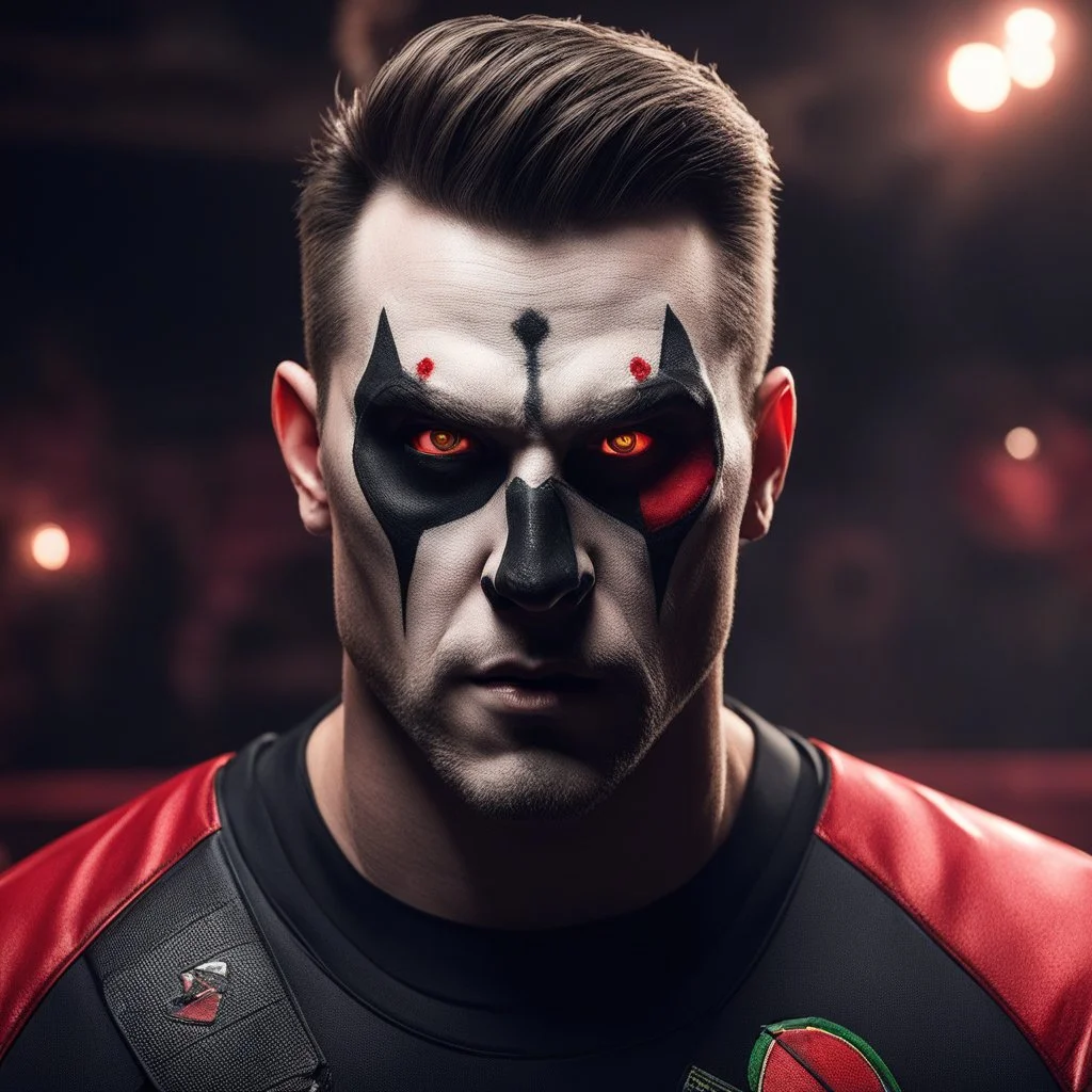 a dart pro player. He looks at the camera in a dangerous way, darts stuck in his skull. A chilling tale of a cursed player whose every throw becomes a deadly game. As the darts pierce his own flesh, a malevolent force takes control, turning his matches into a macabre spectacle of horror.