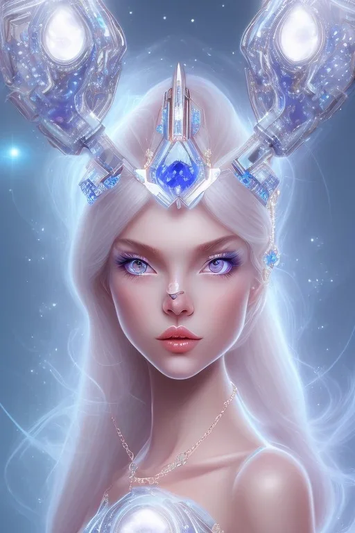 cosmic girl belle fine, peau blanche cristalline, yeux bleu, long cheveux etoilé cristaux sur le corps, collier dde grande princesse