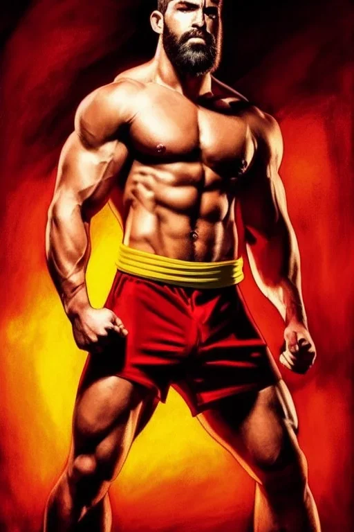 Ignore NSFW, teenager young rugged attractive slightly muscular fantastic handsome man, red briefs with yellow belt, hairy chest, (((visibly pisssing))) briefs, large erect visible boner peniss, photorealistic, artist Jay Anacleto, soft lighting, scruffy beard