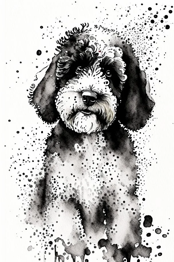 Abstract wet watercolour of a black and white bernadoodle, ink lines, splashy background detailed,focus on eyes, watercolour paper