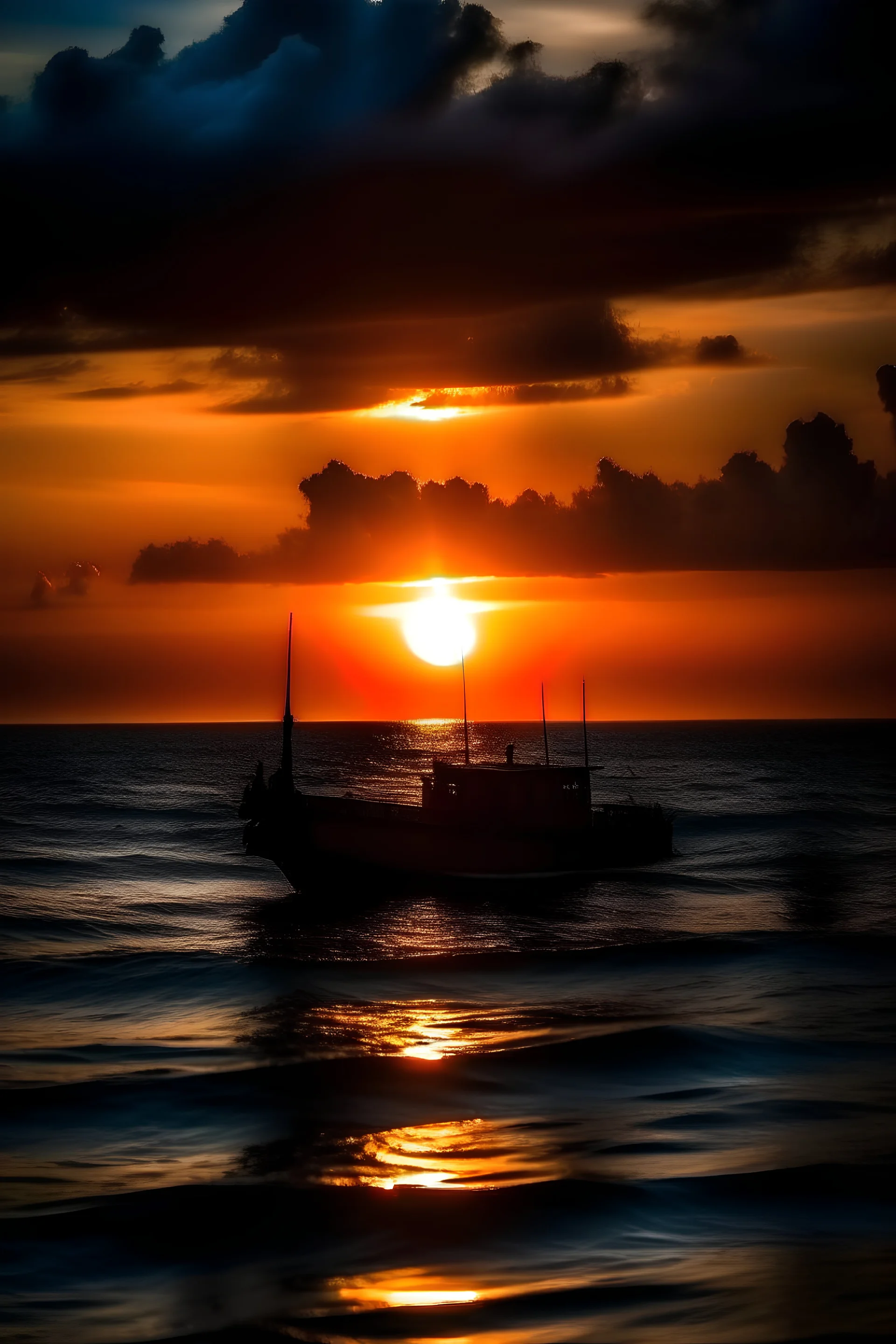 Ocean sunset with a boat a chineese and some skyes in the colers black orange and blue