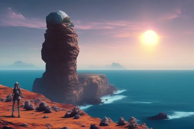 person, exoplanet in the horizon, big stones, cliff, science fiction, epic scene.