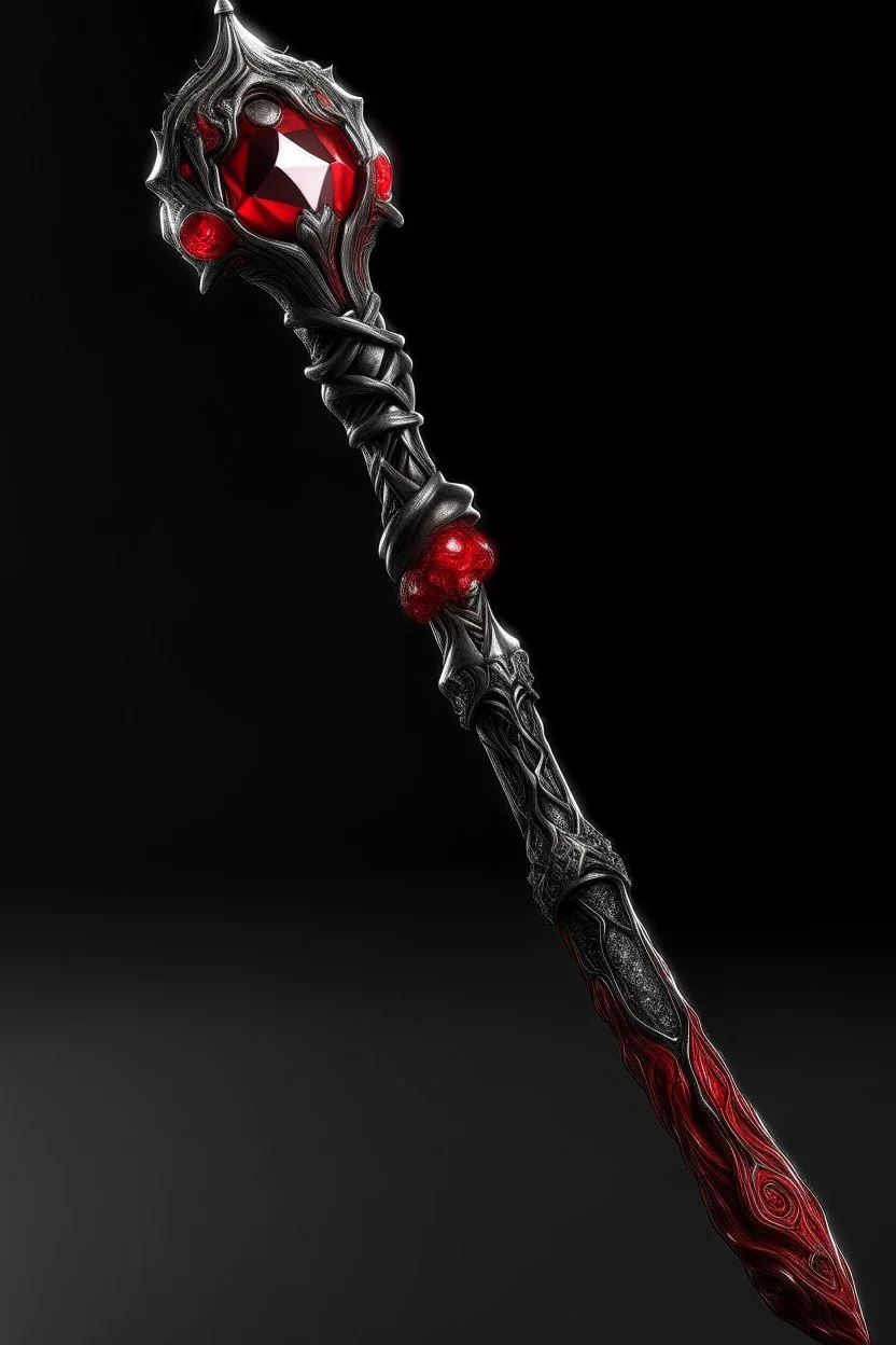 A sorceress evil staff that is a mix colors of red and black crystals and sharp edges